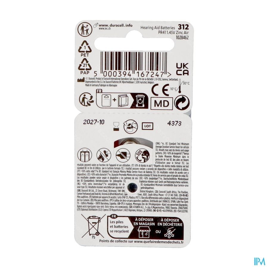 Duracell Easytab Pile Auditive Da312 6 Brun