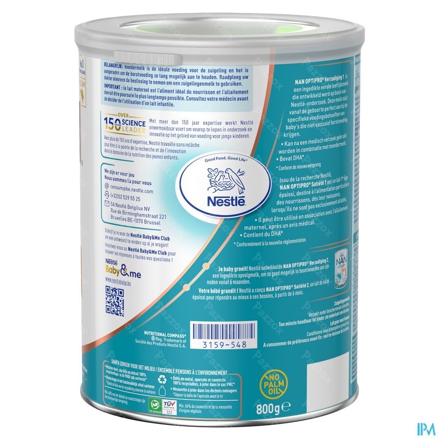Nan Satiété 1 Lait pour Nourrissons épaissi Bébé 0-6 Mois 800g