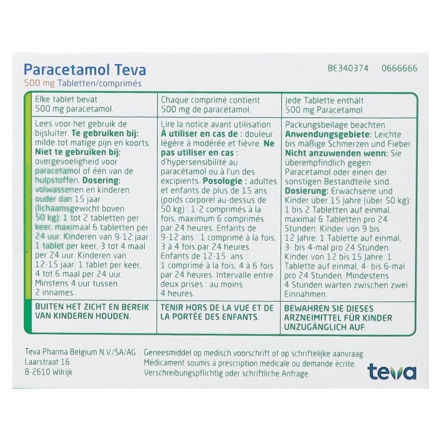 Paracetamol Teva 500mg 100 Comprimés