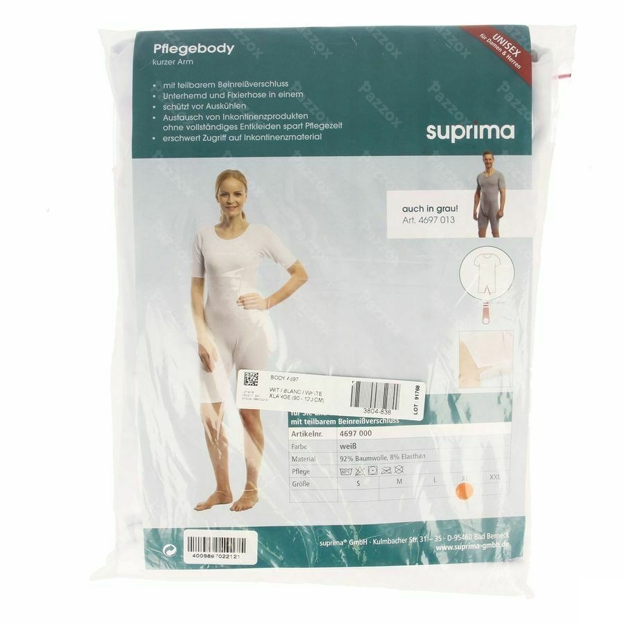 Suprima 4697 Body Manche Courte+zip Jambe Blanc Xl