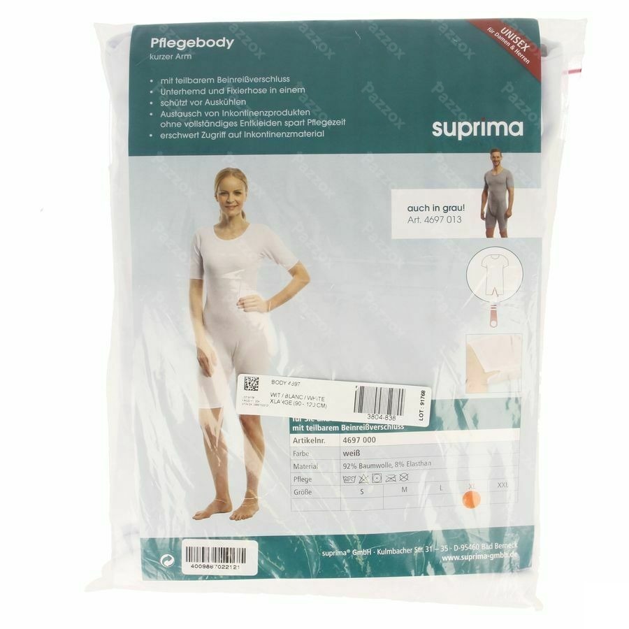 Suprima 4697 Body Manche Courte+zip Jambe Blanc Xl