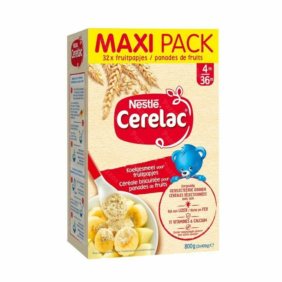 Nestle Cerelac Céréales Biscuitées pour Panades de Fruits Bébé 4+ Mois Maxi Pack 800g