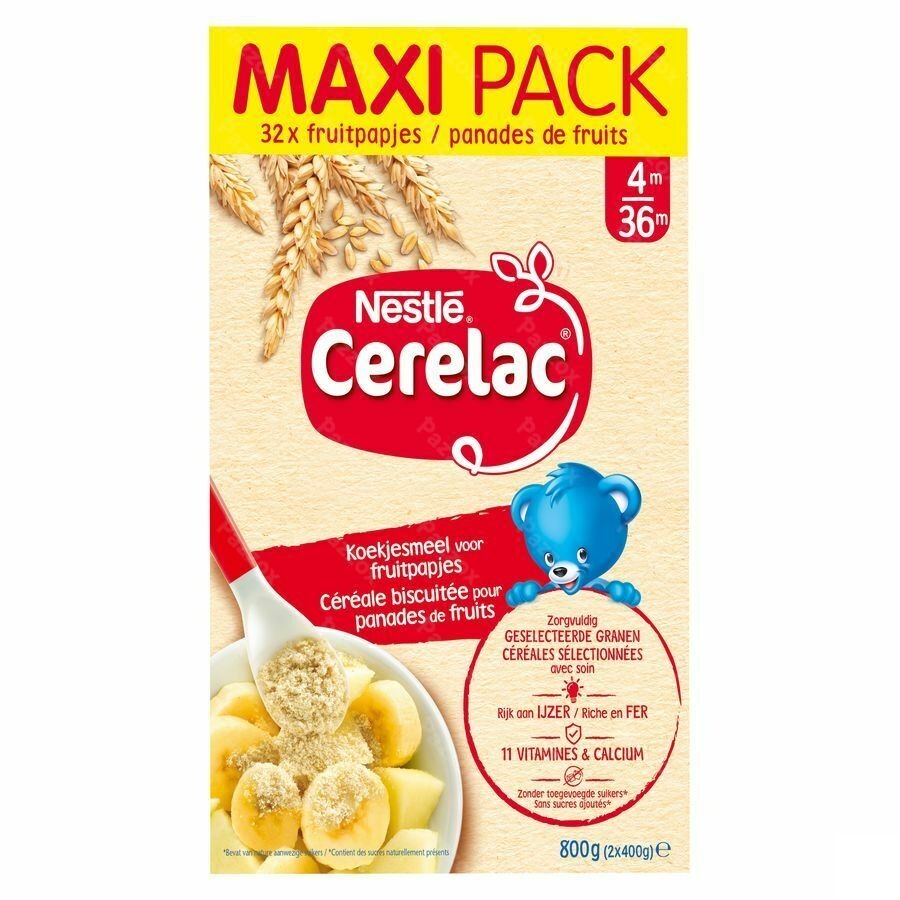 Nestle Cerelac Céréales Biscuitées pour Panades de Fruits Bébé 4+ Mois Maxi Pack 800g