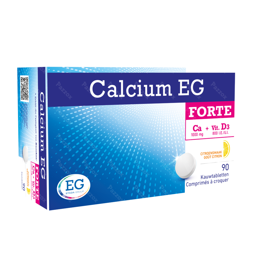 Calcium EG Forte 1000 mg Calcium 800I.E. Vitamine D3 90 Comprimés à Croquer Goût Citron 