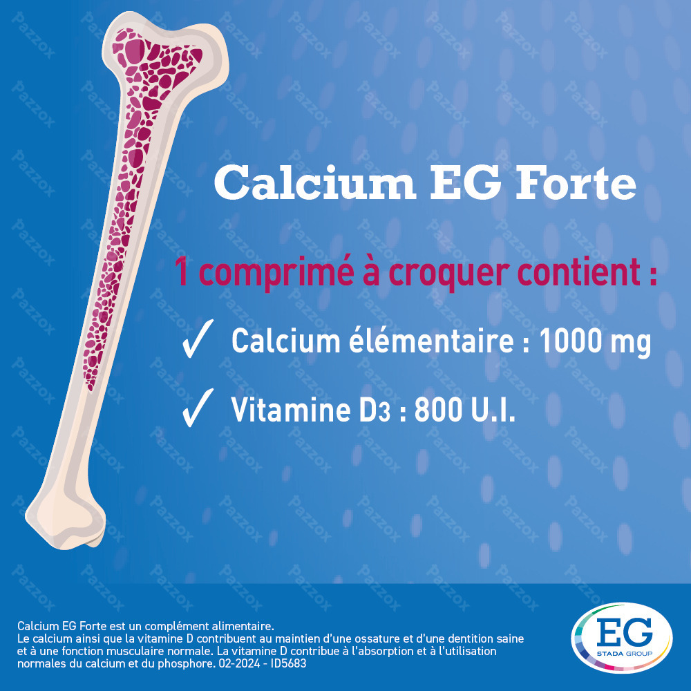 Calcium EG Forte 1000 mg Calcium 800I.E. Vitamine D3 90 Comprimés à Croquer Goût Citron 