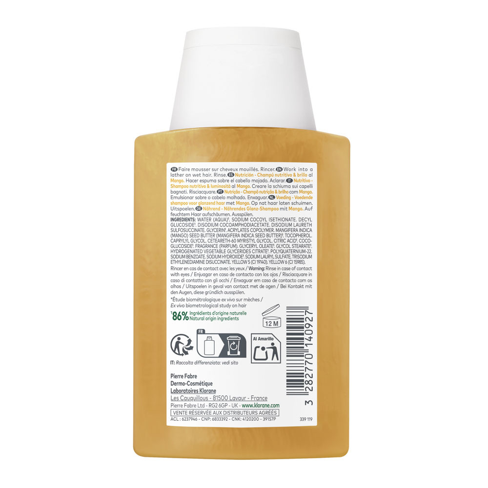 Klorane Mangue Shampooing Nutrition, Nourrissant & éclat, Cheveux secs 100ml