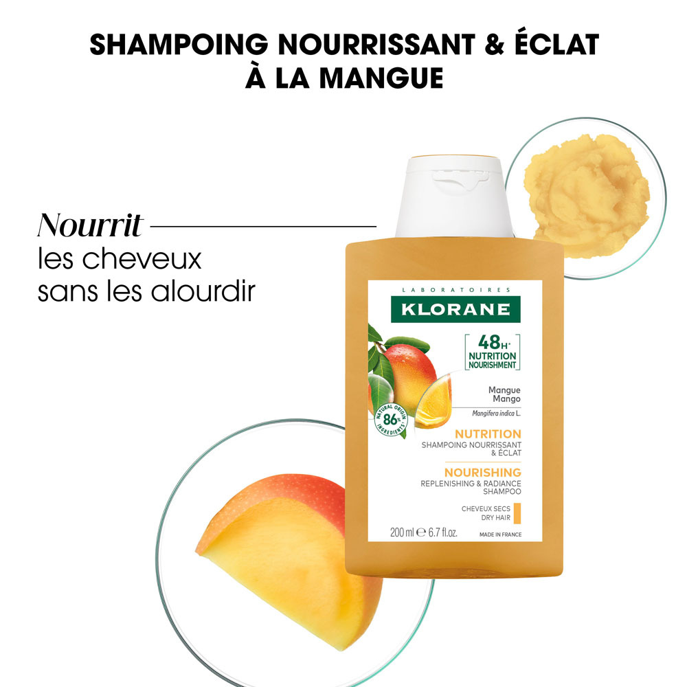 Klorane Mangue Shampooing Nutrition, Nourrissant & éclat, Cheveux secs 100ml