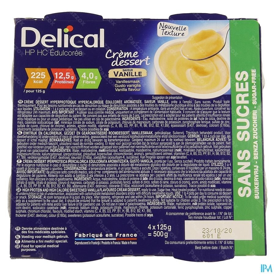 Delical Creme Dessert Hp-hc S/sucre Vanille 4x124g