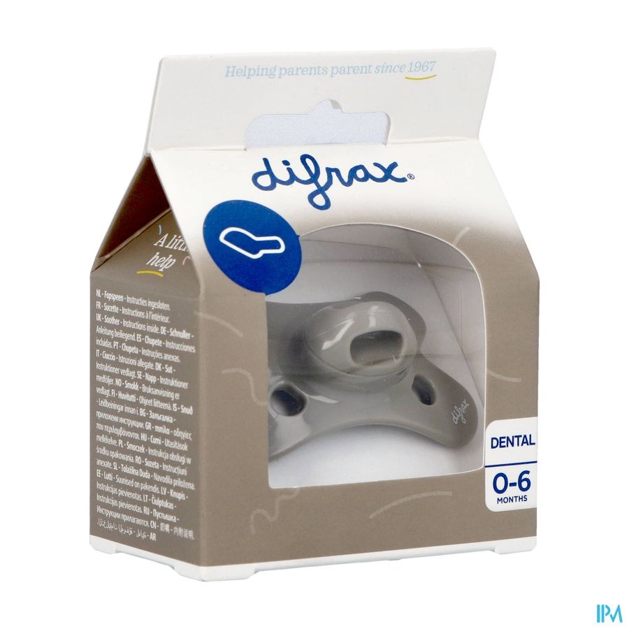 Difrax Sucette Dental 0-6 Mois Pure Gris/Clay