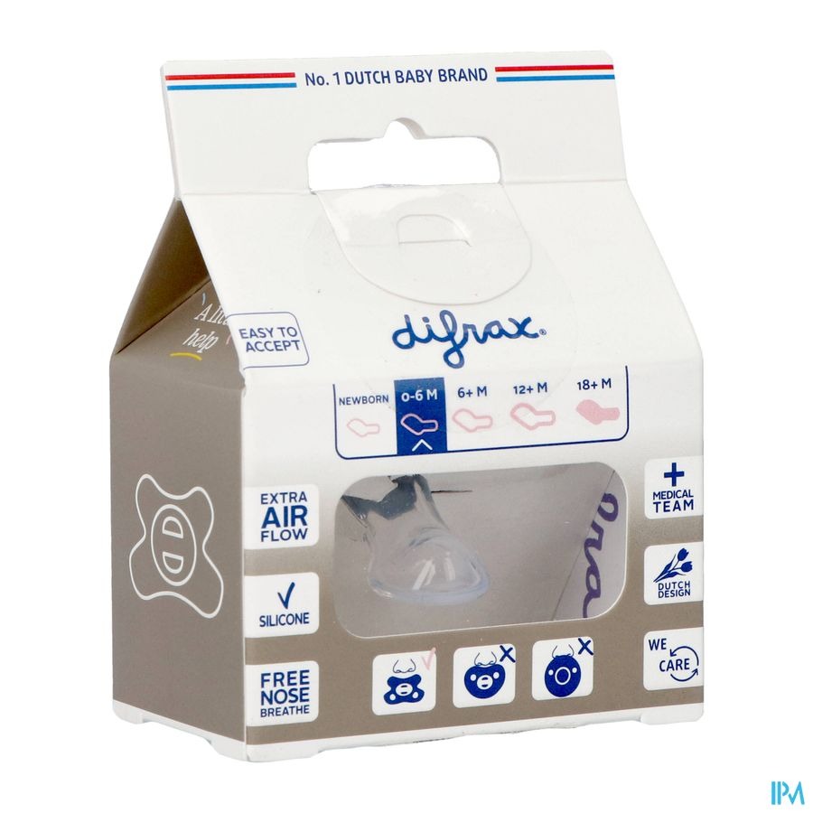 Difrax Sucette Dental 0-6 Mois Pure Gris/Clay