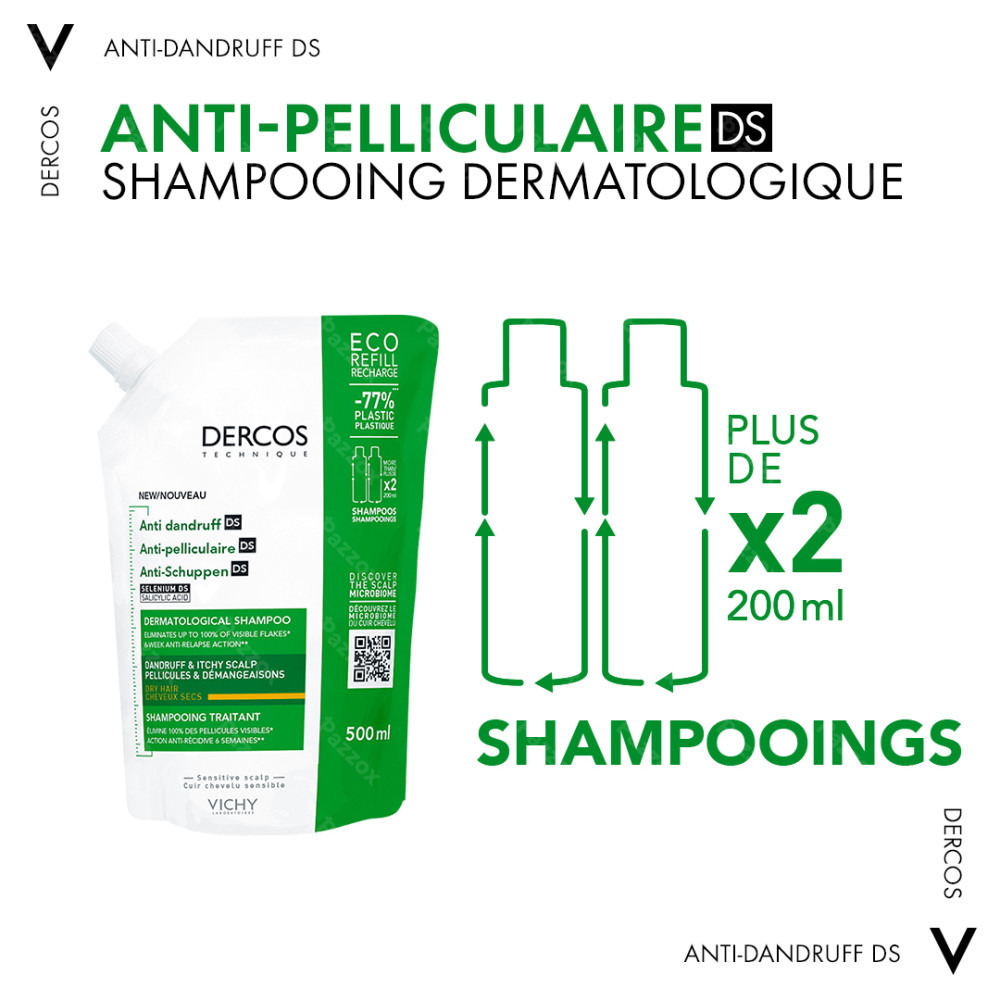 Vichy Dercos Shampooing Anti-Pelliculaire Cheveux Secs Refill 500ml