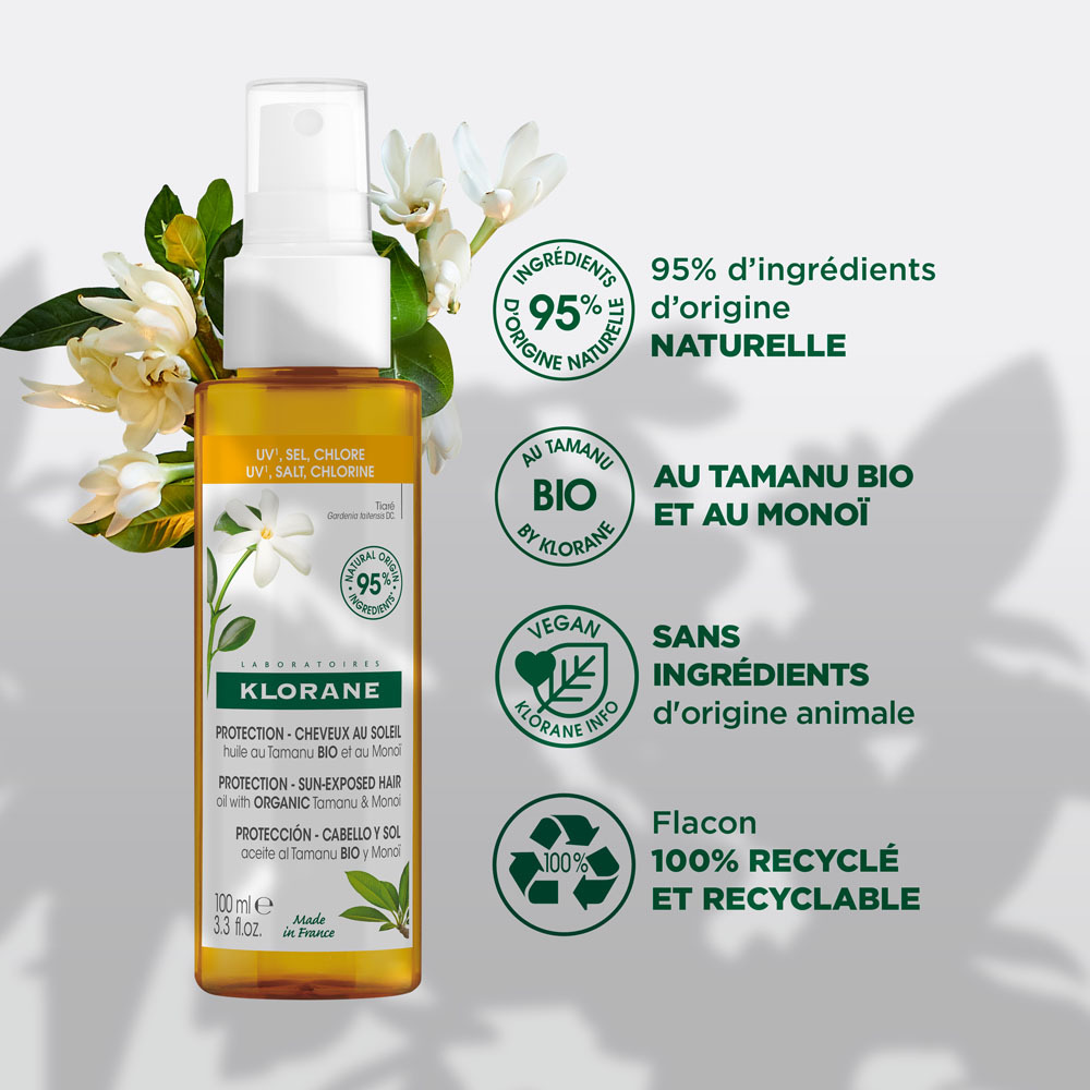 Klorane Protection Cheveux Au Soleil Huile Tamanu Et monoi Bio 100ml