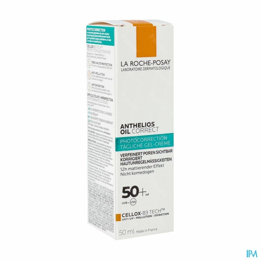 La Roche-Posay Anthelios Oil Correct Protection solaire Visage Matifiante Quotidienne, pour les peaux grasses, avec des imperfections et à tendance acnéique SPF50+ 50ml 