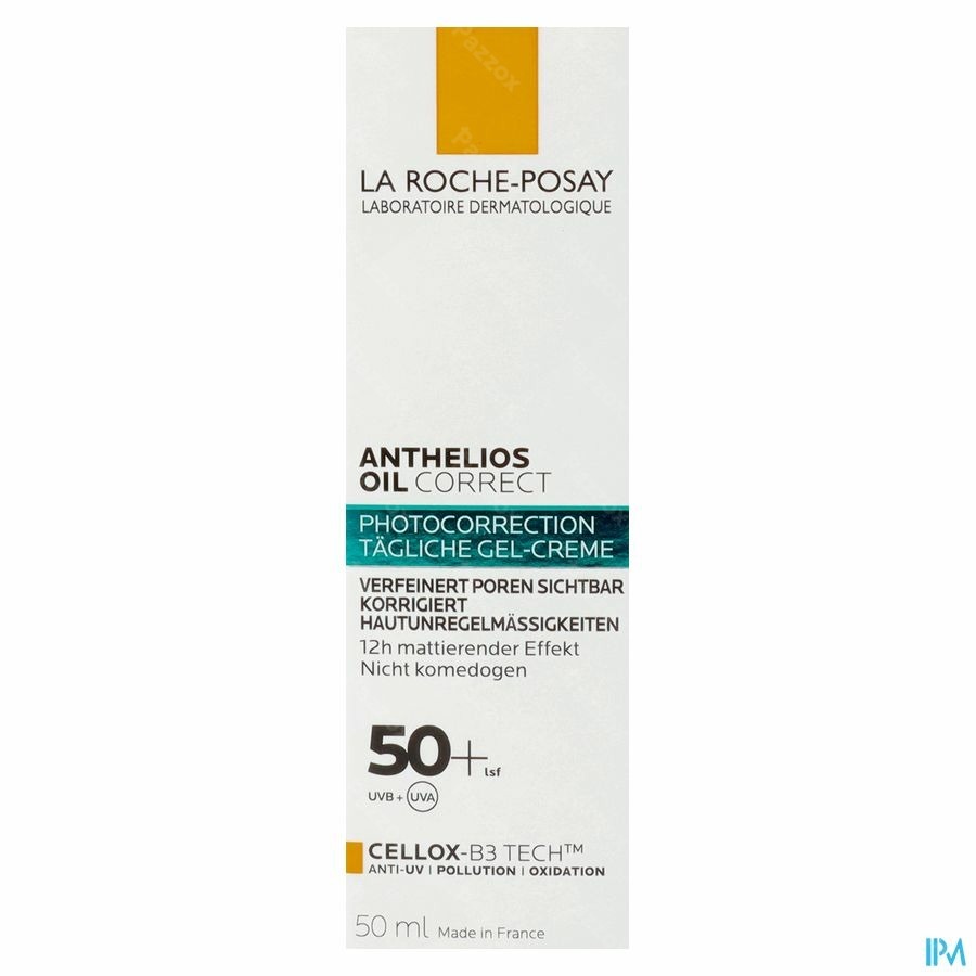 La Roche-Posay Anthelios Oil Correct Protection solaire Visage Matifiante Quotidienne, pour les peaux grasses, avec des imperfections et à tendance acnéique SPF50+ 50ml 
