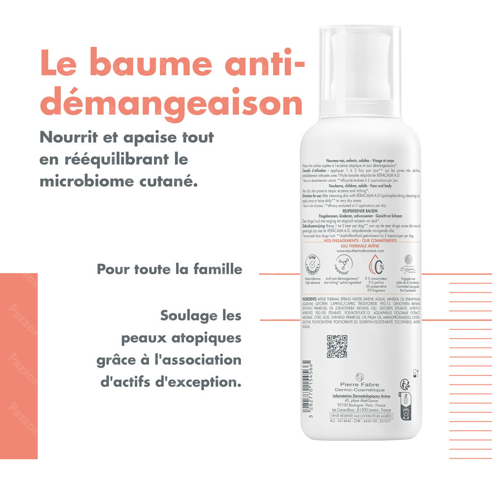 Avène XeraCalm A.D Baume relipidant, Peau très sèche sujette à l'eczéma atopique et aux démangeaisons 400ml