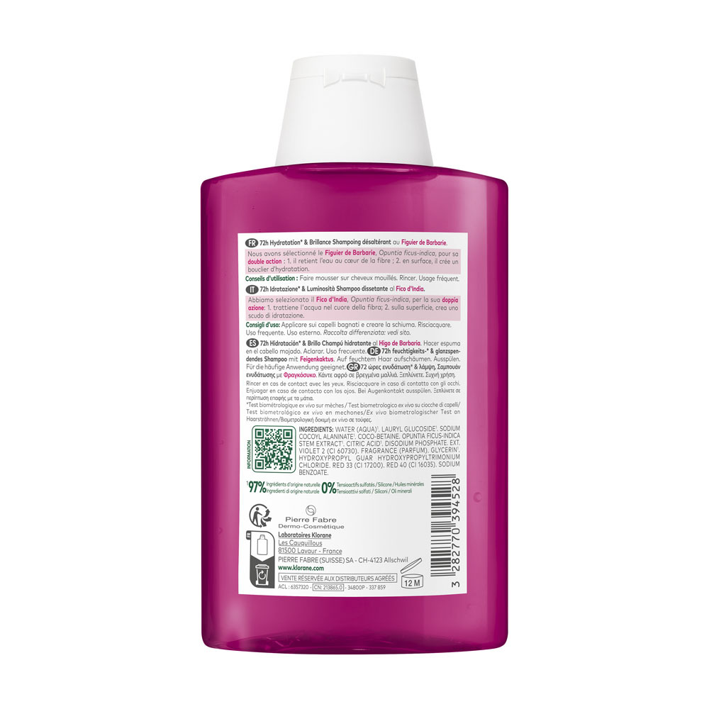 Klorane Figuier de Barbarie Shampooing désaltérant Hydratation & Brillance, Cheveux ternes 200ml