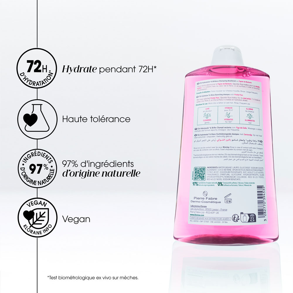 Klorane Figuier de Barbarie Shampooing désaltérant Hydratation & Brillance, Cheveux ternes 200ml