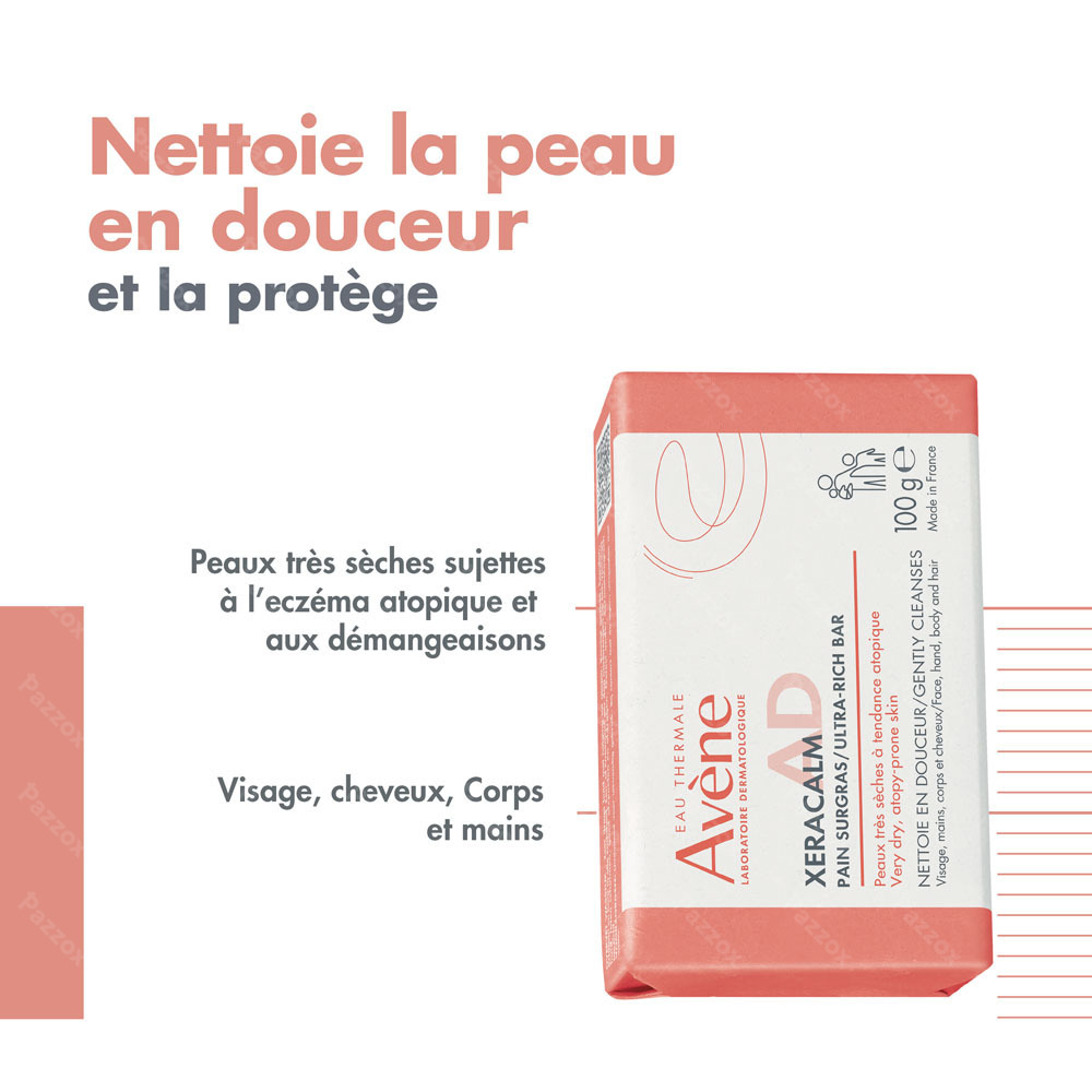 Avène XeraCalm A.D Pain nettoyant surgras, Peau très sèche à tendance atopique, sujettes aux démangeaisons 100g