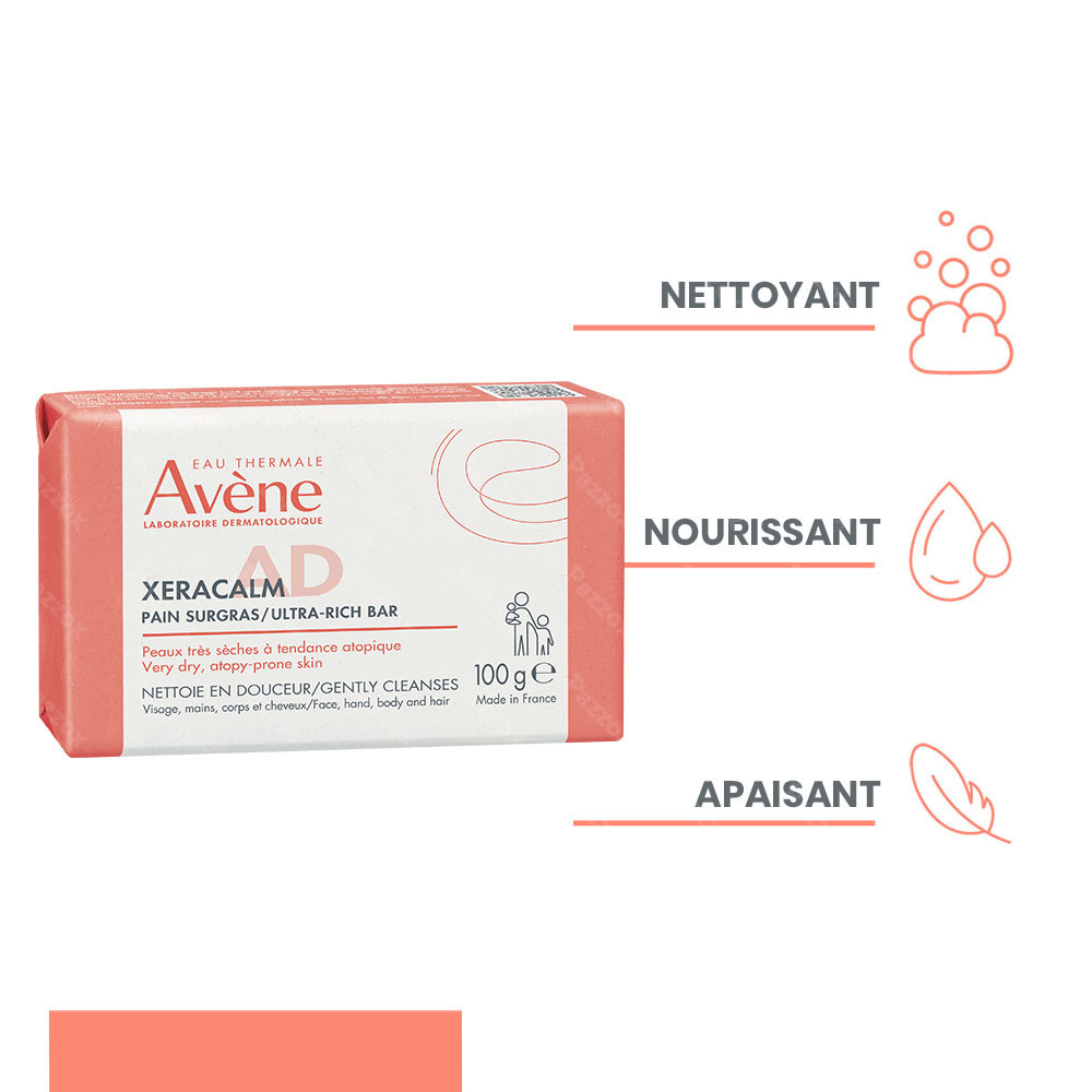 Avène XeraCalm A.D Pain nettoyant surgras, Peau très sèche à tendance atopique, sujettes aux démangeaisons 100g