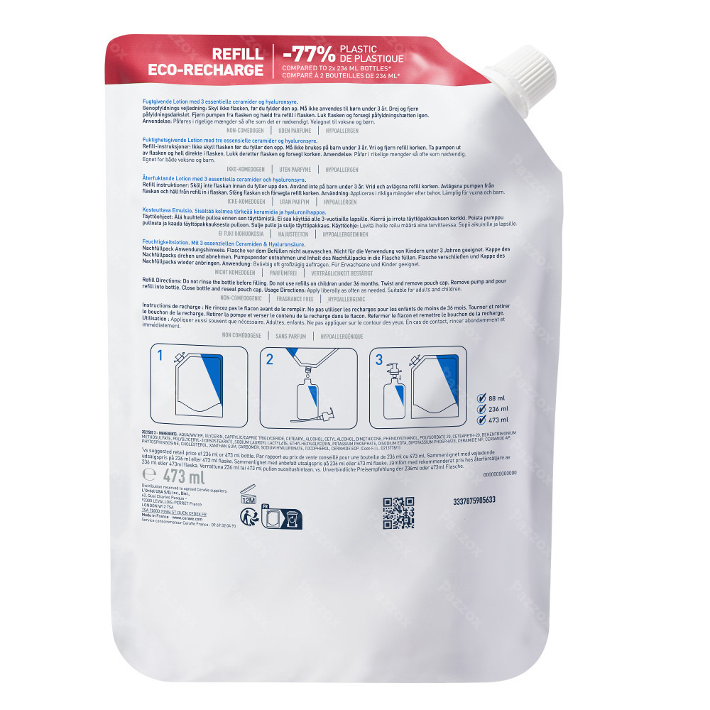 CeraVe Lait Hydratant Recharge pour Peaux Sèches à Très Sèches Recharge 473ml