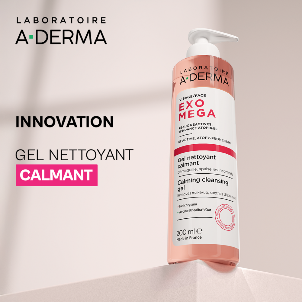 A-Derma Exomega Visage Gel nettoyant calmant, Démaquillant, Peau réactive à tendance à l'eczéma atopique 200ml