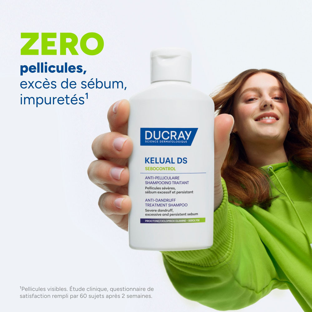 Ducray Kelual DS Sebocontrol Shampooing traitant Anti-pelliculaire, Pellicules sévères, Sébum excessif et persistant 100ml