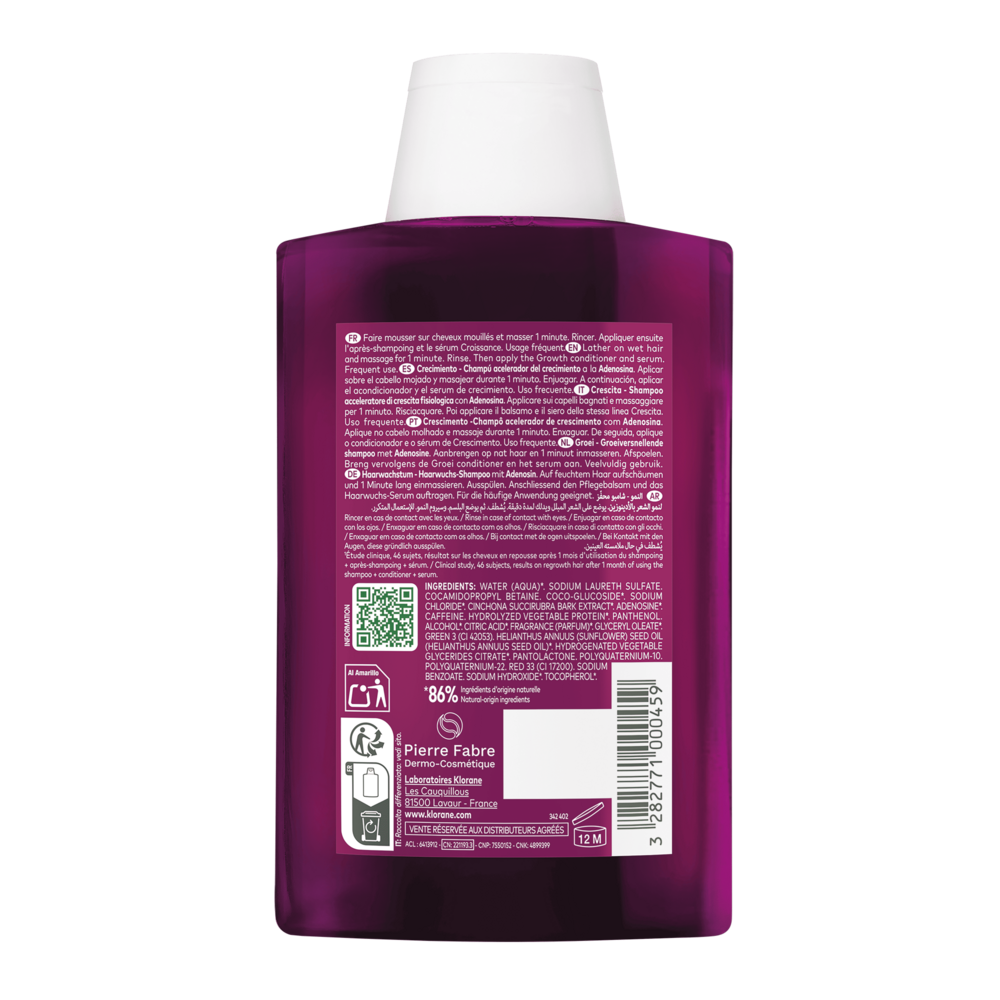 Klorane Quinine Shampooing Croissance, Accélérateur de pousse, cheveux fatigués 200ml