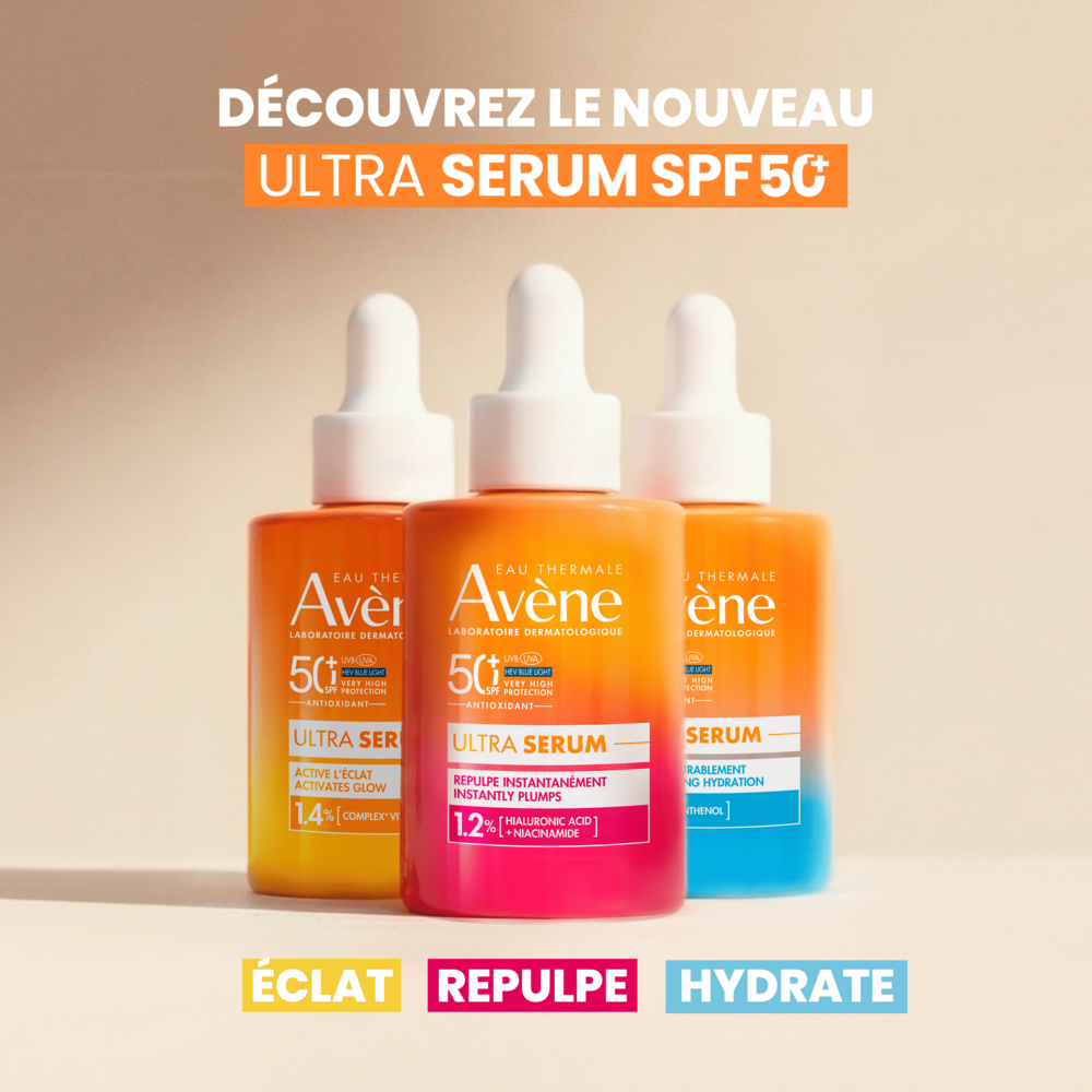 Avène Solaire Ultra Sérum SPF50+ Repulpant anti-âge, Très Haute Protection, Acide hyaluronique & Niacinamide, Peau sensible 30ml