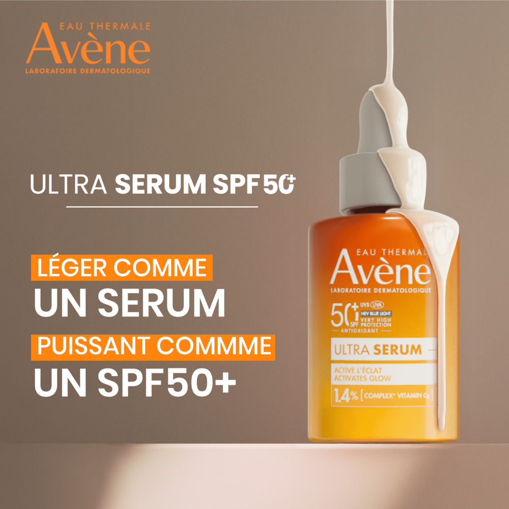 Avène Solaire Ultra Sérum SPF50+ Activateur d'éclat, Très Haute Protection, Vitamine Cg, Peau sensible 30ml