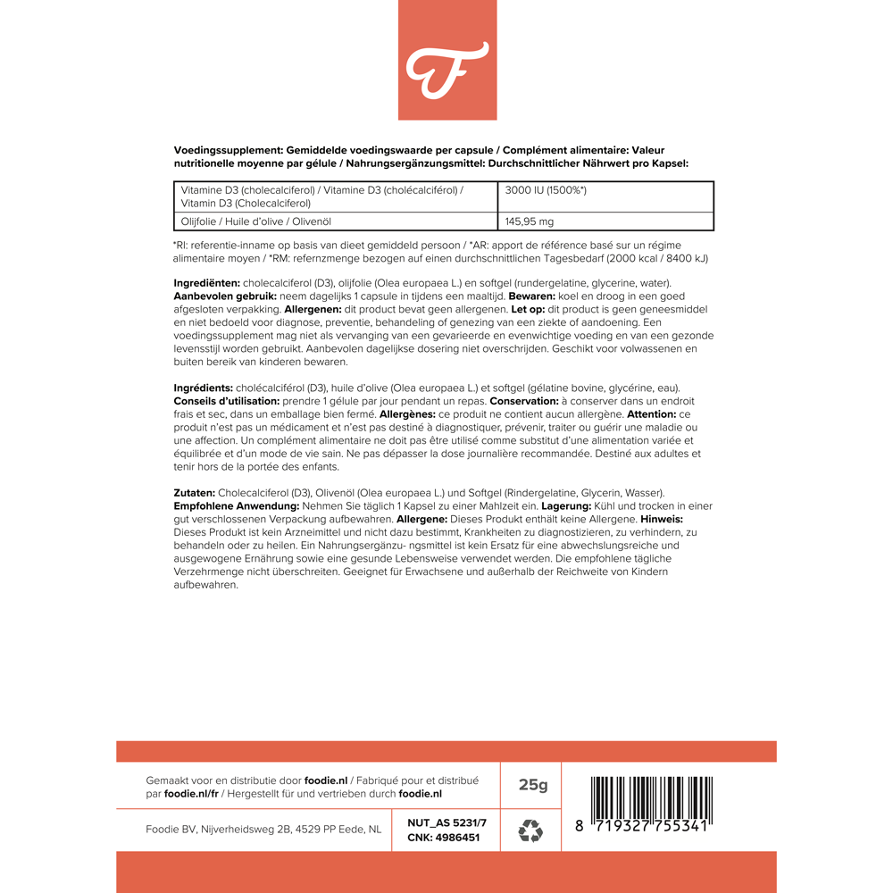 Foodie Vitamine D3 Boost 3000 IU 120 Comprimés